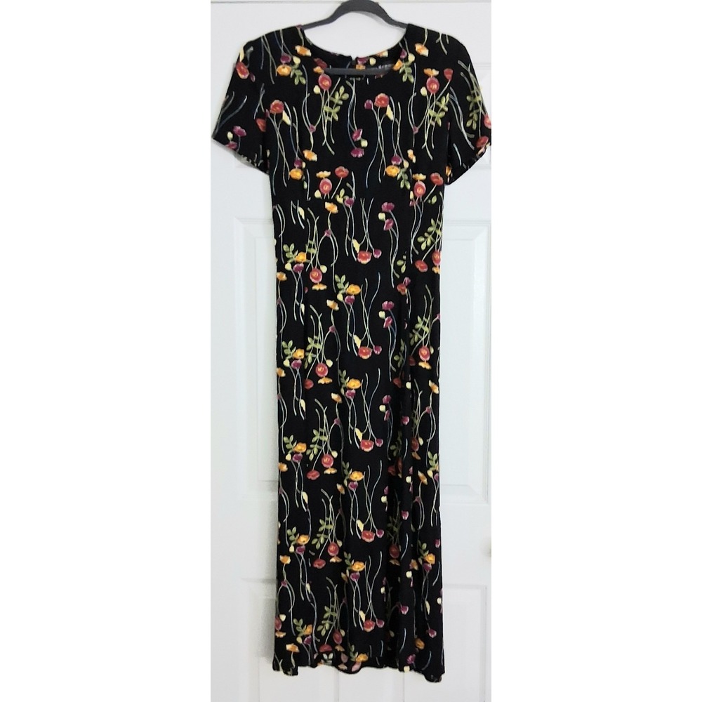 Debra Michaels Collection Midi Dress Women's Size 10 Black Floral Short Sleeve